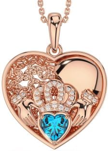 Diamond Topaz Rose Gold Silver Celtic Claddagh Trinity Knot Heart Necklace