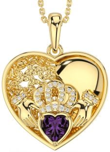 Diamond Alexandrite Gold Silver Celtic Claddagh Trinity Knot Heart Necklace