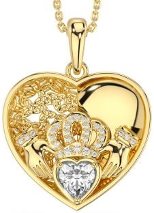 Diamond Gold Silver Celtic Claddagh Trinity Knot Heart Necklace