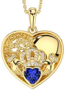 Diamond Sapphire Gold Silver Celtic Claddagh Trinity Knot Heart Necklace