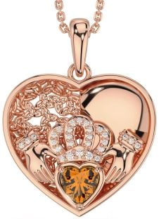 Diamond Citrine Rose Gold Celtic Claddagh Trinity Knot Heart Necklace