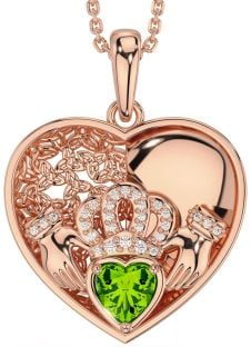 Diamond Peridot Rose Gold Celtic Claddagh Trinity Knot Heart Necklace