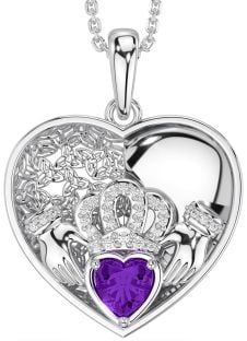 Diamond Amethyst Silver Celtic Claddagh Trinity Knot Heart Necklace