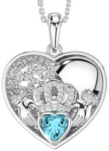 Diamond Aquamarine Silver Celtic Claddagh Trinity Knot Heart Necklace