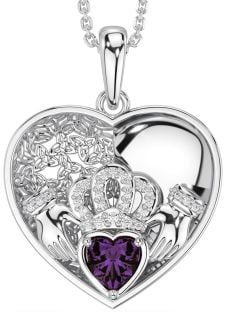 Diamond Alexandrite Silver Celtic Claddagh Trinity Knot Heart Necklace