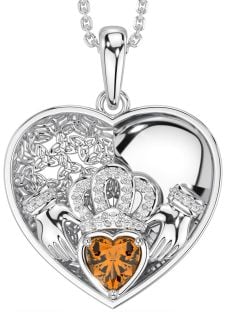 Diamond Citrine Silver Celtic Claddagh Trinity Knot Heart Necklace