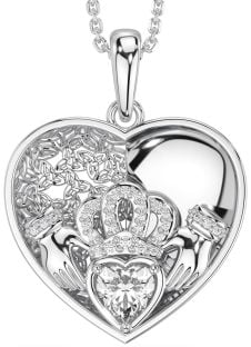 Diamond Silver Celtic Claddagh Trinity Knot Heart Necklace