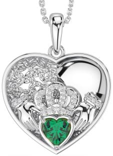 Diamond Emerald Silver Celtic Claddagh Trinity Knot Heart Necklace