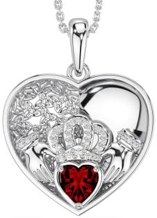 Diamond Garnet Silver Celtic Claddagh Trinity Knot Heart Necklace