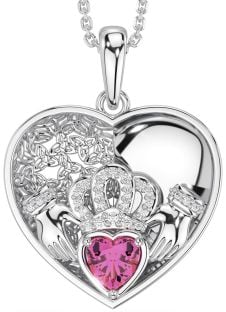 Diamond Pink Tourmaline Silver Celtic Claddagh Trinity Knot Heart Necklace