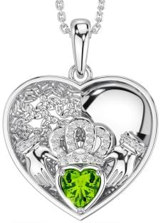 Diamond Peridot Silver Celtic Claddagh Trinity Knot Heart Necklace