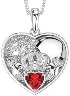 Diamond Ruby Silver Celtic Claddagh Trinity Knot Heart Necklace