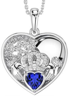 Diamond Sapphire Silver Celtic Claddagh Trinity Knot Heart Necklace