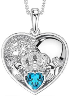 Diamond Topaz Silver Celtic Claddagh Trinity Knot Heart Necklace