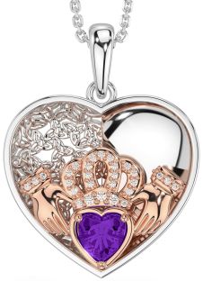 Diamond Amethyst Rose Gold Silver Celtic Claddagh Trinity Knot Heart Necklace