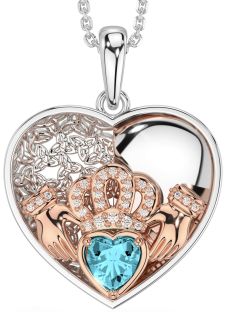 Diamond Aquamarine Rose Gold Silver Celtic Claddagh Trinity Knot Heart Necklace