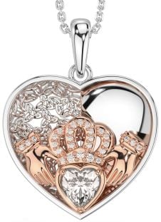 Diamond Rose Gold Silver Celtic Claddagh Trinity Knot Heart Necklace