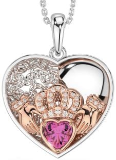 Diamond Pink Tourmaline Rose Gold Silver Celtic Claddagh Trinity Knot Heart Necklace