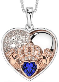 Diamond Sapphire Rose Gold Silver Celtic Claddagh Trinity Knot Heart Necklace