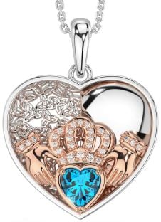 Diamond Topaz Rose Gold Silver Celtic Claddagh Trinity Knot Heart Necklace