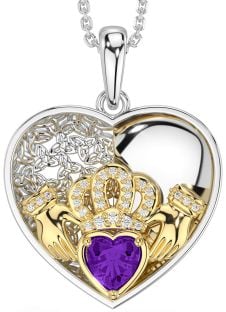 Diamond Amethyst Gold Silver Celtic Claddagh Trinity Knot Heart Necklace