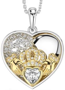 Diamond Gold Silver Celtic Claddagh Trinity Knot Heart Necklace