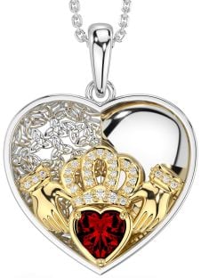 Diamond Garnet Gold Silver Celtic Claddagh Trinity Knot Heart Necklace