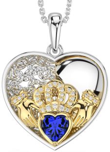 Diamond Sapphire Gold Silver Celtic Claddagh Trinity Knot Heart Necklace