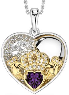 Diamond Alexandrite White Yellow Gold Celtic Claddagh Trinity Knot Heart Necklace