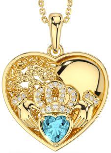 Diamond Aquamarine Gold Celtic Claddagh Trinity Knot Heart Necklace