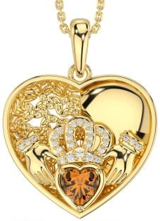 Diamond Citrine Gold Celtic Claddagh Trinity Knot Heart Necklace