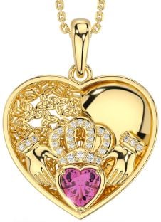 Diamond Pink Tourmaline Gold Celtic Claddagh Trinity Knot Heart Necklace