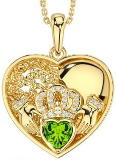 Diamond Peridot Gold Celtic Claddagh Trinity Knot Heart Necklace