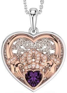 Diamond Alexandrite Rose Gold Silver Celtic Claddagh Trinity Knot Heart Necklace