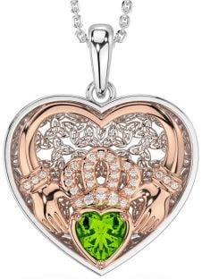 Diamond Peridot Rose Gold Silver Celtic Claddagh Trinity Knot Heart Necklace