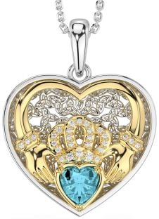 Diamond Aquamarine Gold Silver Celtic Claddagh Trinity Knot Heart Necklace