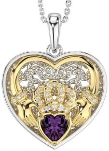 Diamond Alexandrite Gold Silver Celtic Claddagh Trinity Knot Heart Necklace