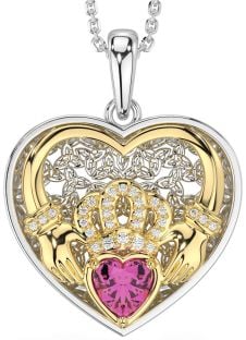 Diamond Pink Tourmaline Gold Silver Celtic Claddagh Trinity Knot Heart Necklace