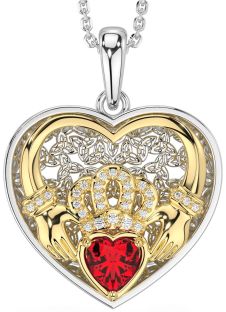 Diamond Ruby Gold Silver Celtic Claddagh Trinity Knot Heart Necklace