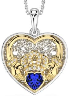 Diamond Sapphire Gold Silver Celtic Claddagh Trinity Knot Heart Necklace