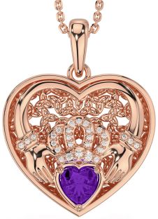 Diamond Amethyst Rose Gold Silver Celtic Claddagh Trinity Knot Heart Necklace