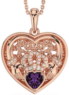 Diamond Alexandrite Rose Gold Silver Celtic Claddagh Trinity Knot Heart Necklace