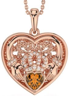 Diamond Citrine Rose Gold Silver Celtic Claddagh Trinity Knot Heart Necklace