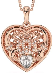 Diamond Rose Gold Silver Celtic Claddagh Trinity Knot Heart Necklace