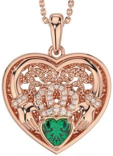 Diamond Emerald Rose Gold Silver Celtic Claddagh Trinity Knot Heart Necklace