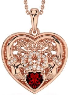 Diamond Garnet Rose Gold Silver Celtic Claddagh Trinity Knot Heart Necklace