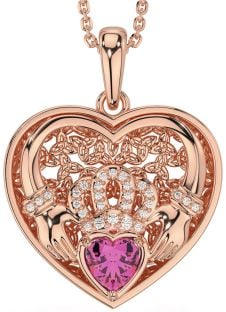 Diamond Pink Tourmaline Rose Gold Silver Celtic Claddagh Trinity Knot Heart Necklace