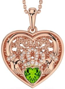 Diamond Peridot Rose Gold Silver Celtic Claddagh Trinity Knot Heart Necklace