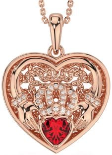 Diamond Ruby Rose Gold Silver Celtic Claddagh Trinity Knot Heart Necklace