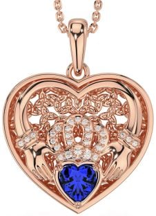 Diamond Sapphire Rose Gold Silver Celtic Claddagh Trinity Knot Heart Necklace